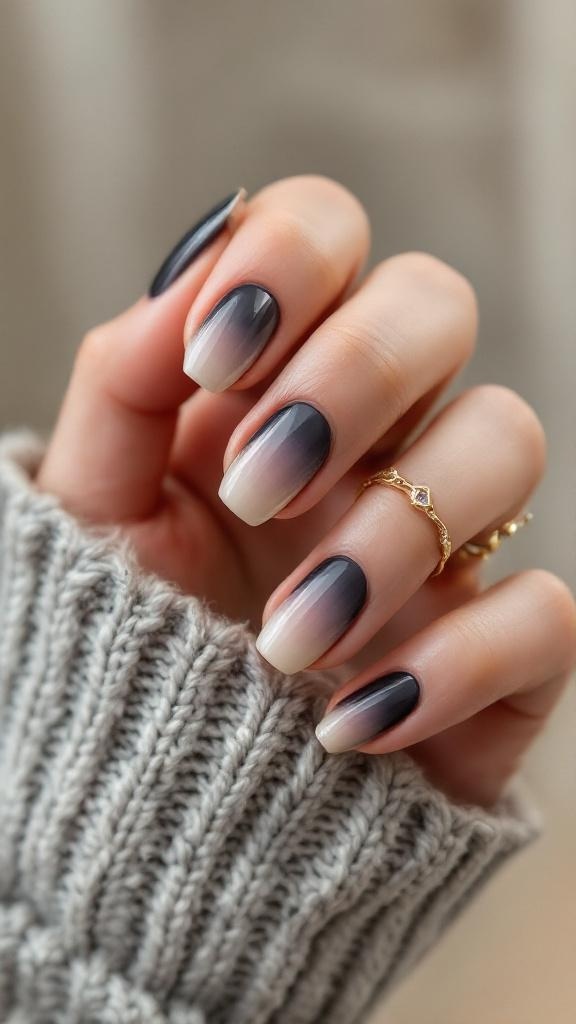 Close-up of short ombre nails transitioning from beige to black, with a delicate gold ring.