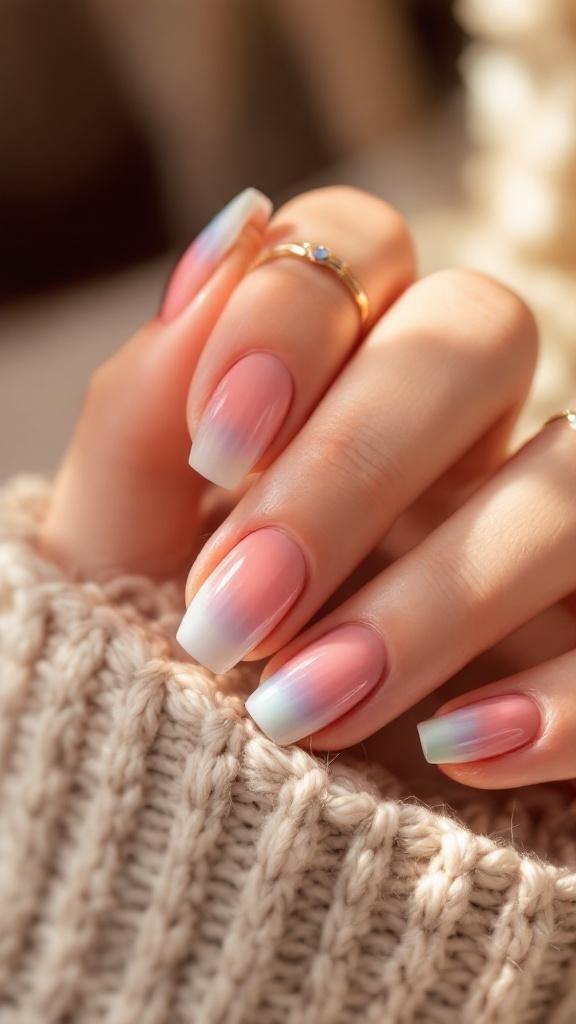 Close-up of hands with ombre gradient nails in pink and white, resting on a knitted fabric.