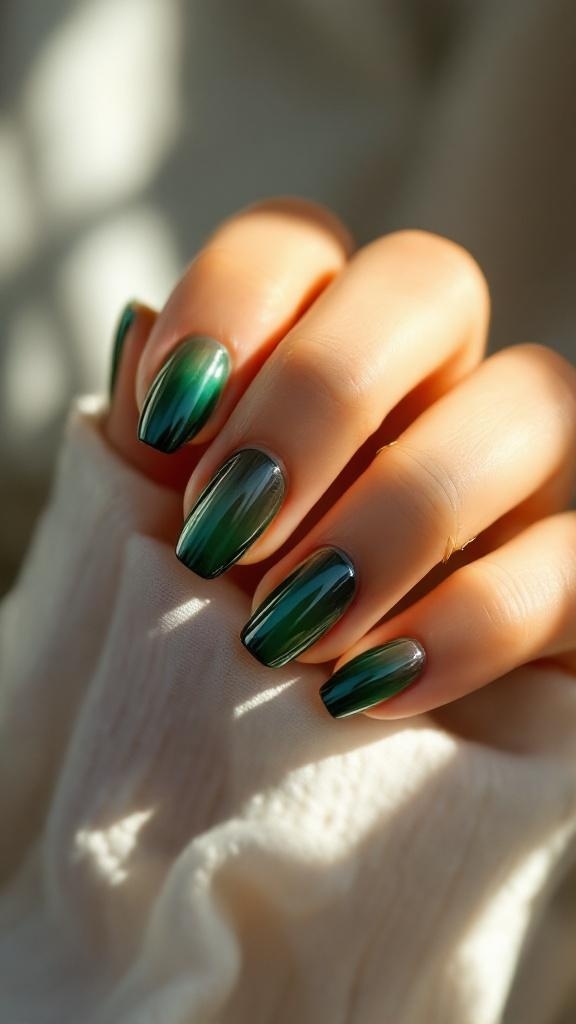 Ombre green chrome nails with a gradient effect