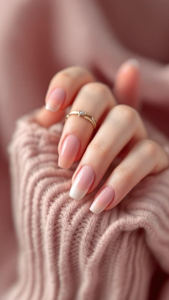 Close-up of ombre nails transitioning from pink to white, with a hand resting on a knitted fabric.