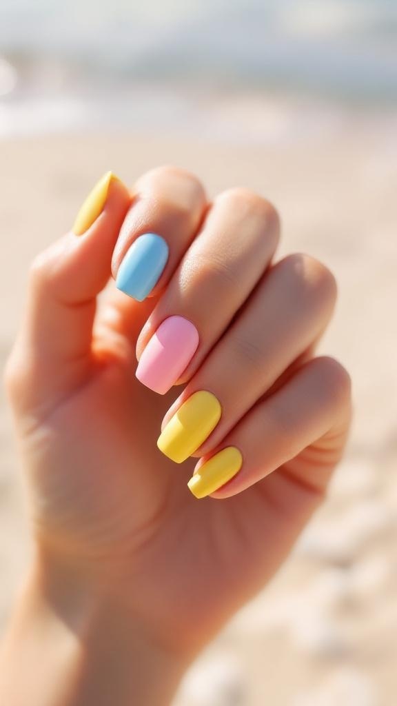 A hand with pastel colored nails in yellow, pink, and lavender, resting on a soft fabric.