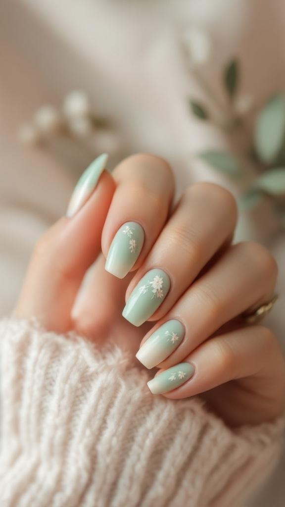 A hand with pastel green ombre nails featuring white floral designs, resting on a soft, knitted fabric.