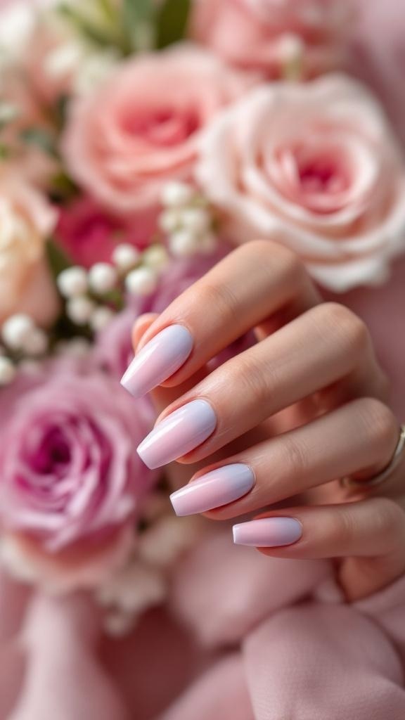 A hand with pastel ombre nails in lavender and pink, surrounded by roses.