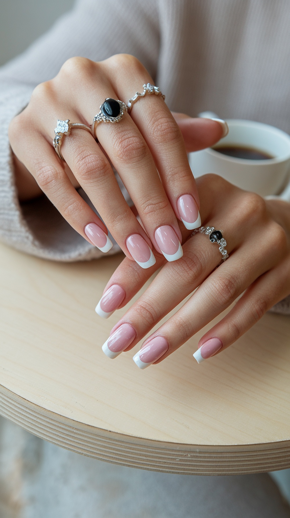 Pastel pink cat eye nails with white tips, adorned with silver rings, resting on a wooden table next to a coffee cup.