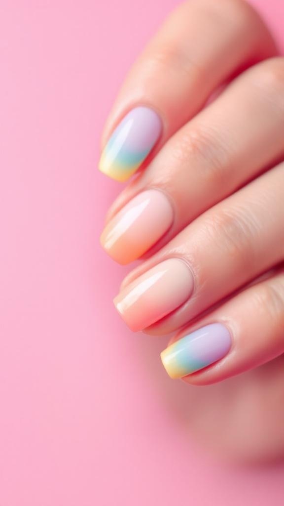 Short acrylic nails with pastel rainbow tips, featuring a gradient of colors from blue to pink, adorned with delicate rings.