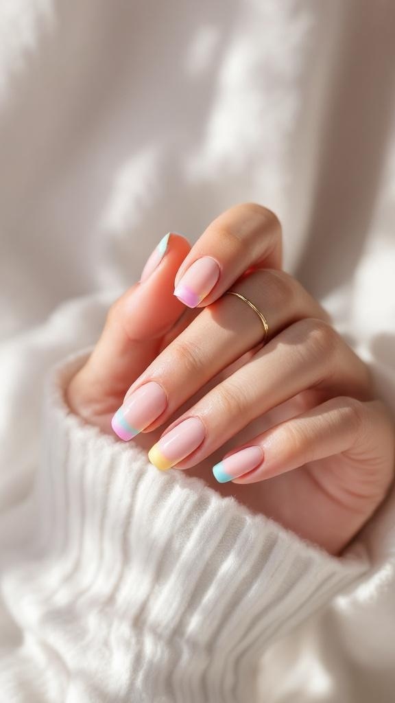 A close-up of hands with pastel rainbow tips on nails, showcasing a soft and playful design.