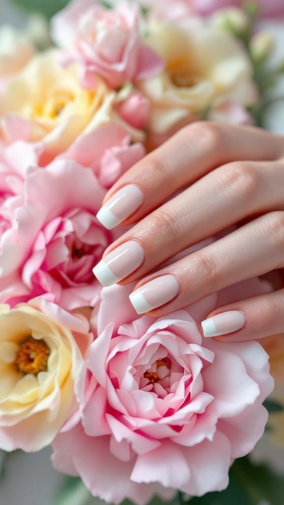 Close-up of bridal nails in pastel shades with a French tip design, featuring a bouquet in the background.