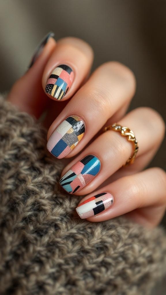 Nail art featuring a colorful patchwork quilt design with various geometric shapes.