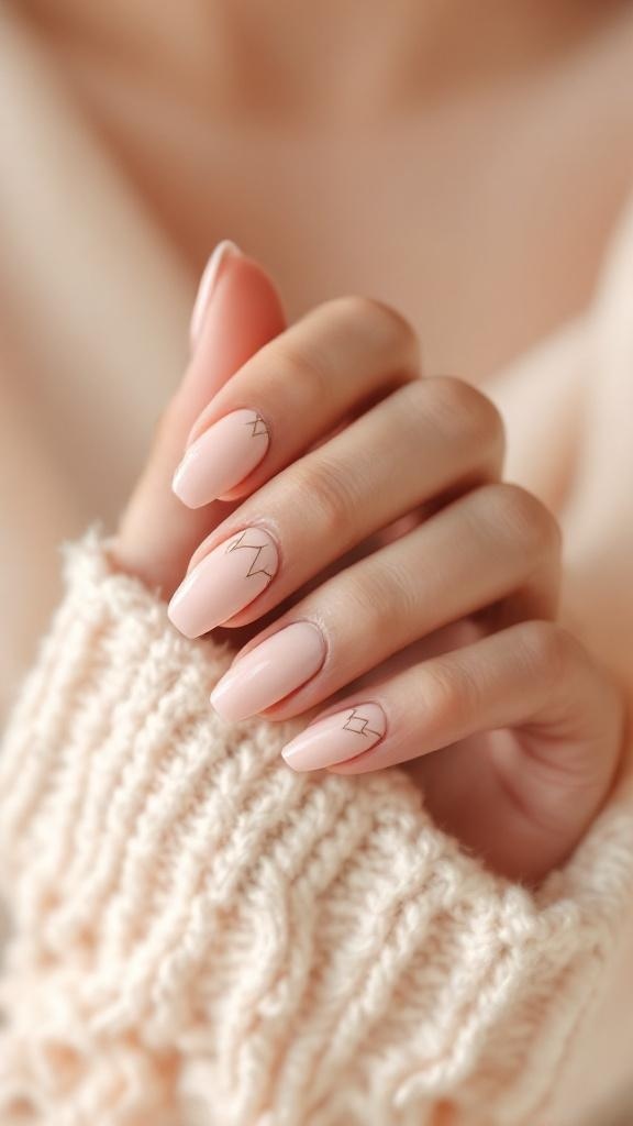 A close-up of peachy neutral wedding nails with minimalist gold designs.
