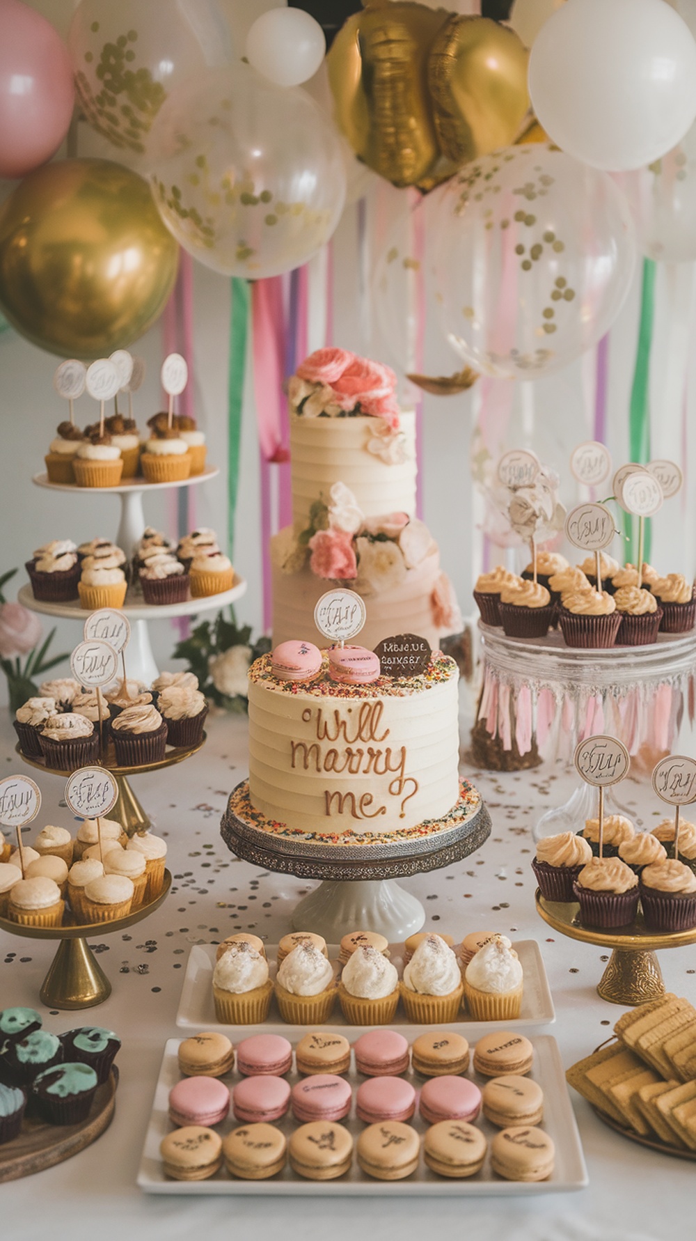 A beautifully arranged dessert bar featuring a cake that says 'Will Marry Me?', assorted cupcakes, macarons, and colorful balloons.