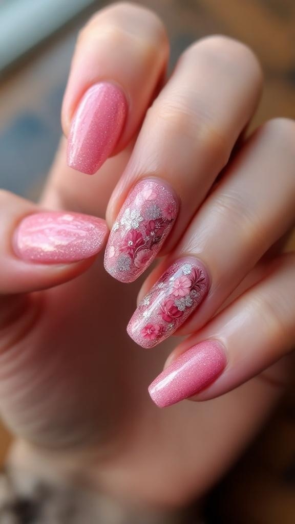 Close-up of pink glitter nails with floral designs