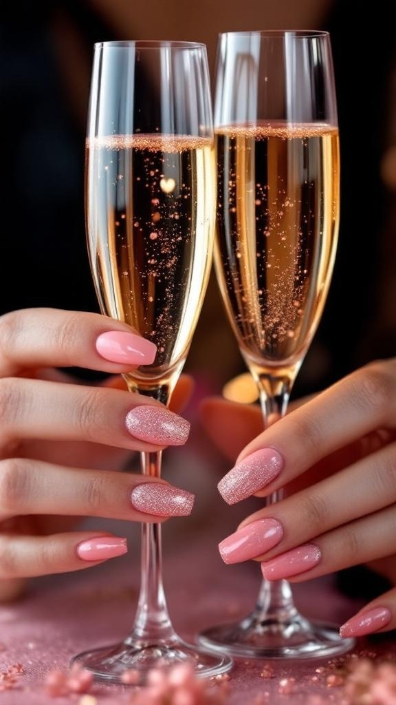 Close-up of pink glitter nails with champagne flutes in the background