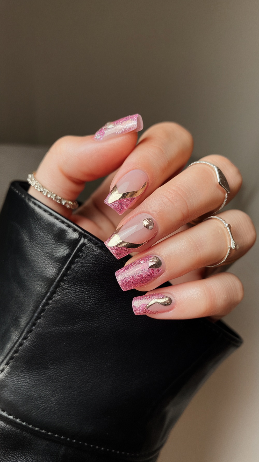 A hand with pink glitter nails featuring metallic foil accents.