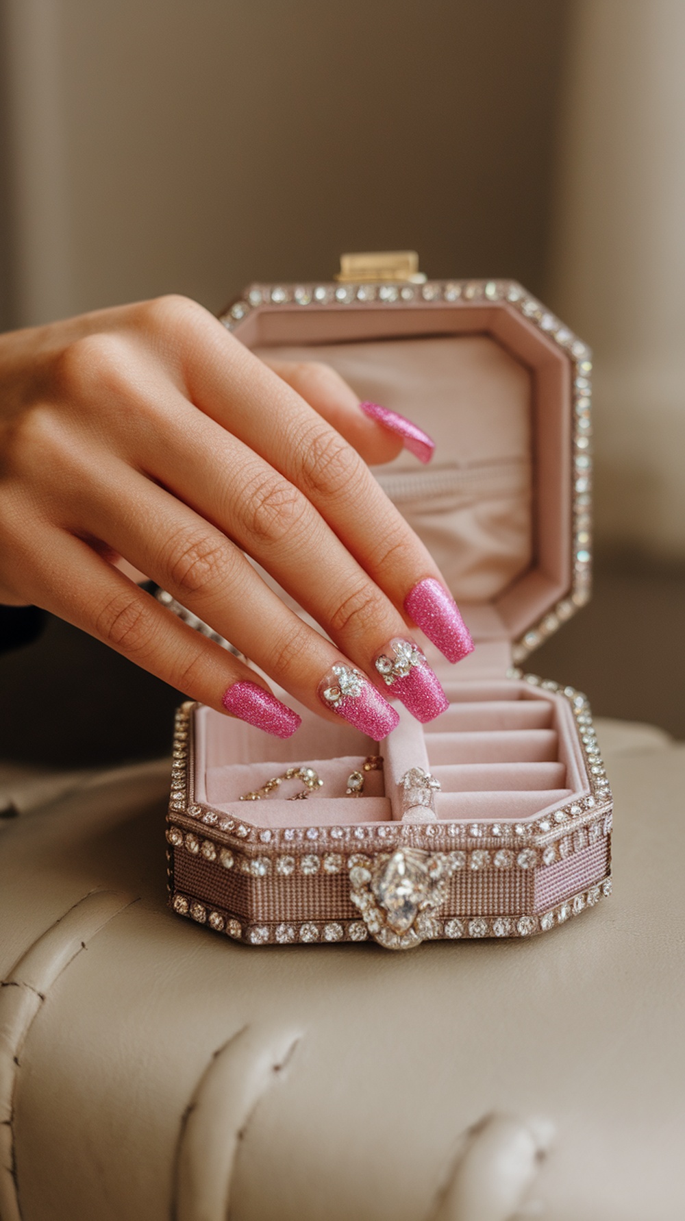 A hand with pink glitter nails adorned with rhinestones, resting on a jewelry box.