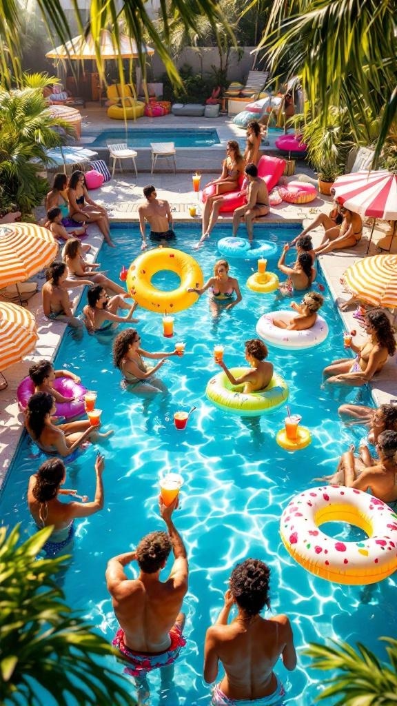 A lively poolside engagement party with guests enjoying colorful drinks and inflatable floaties.