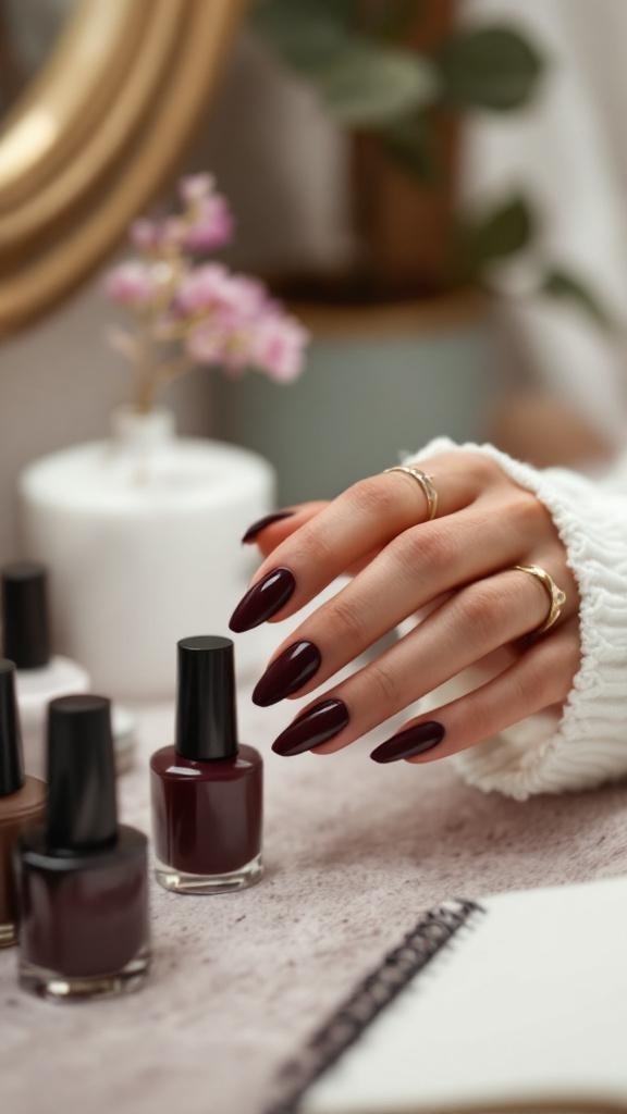 A hand with dark brown nails, surrounded by various nail polish bottles.