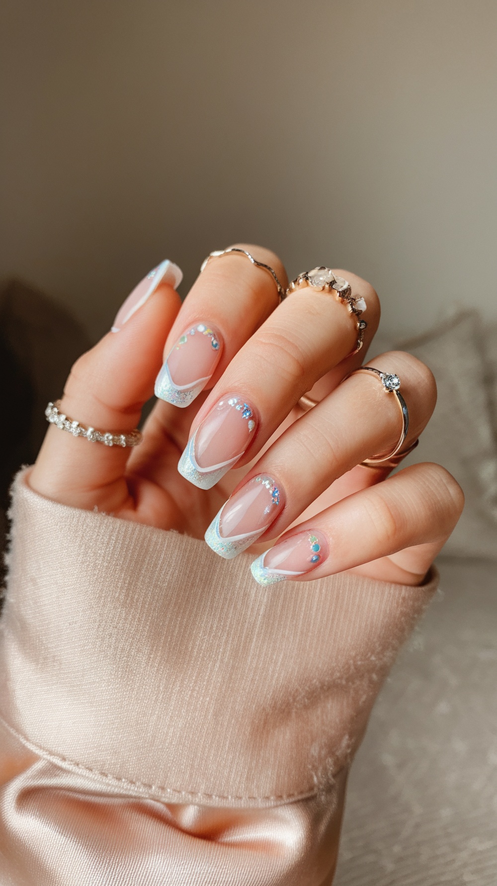 Close-up of hands with princess-inspired French tip nails featuring blue tips and sparkling gems.