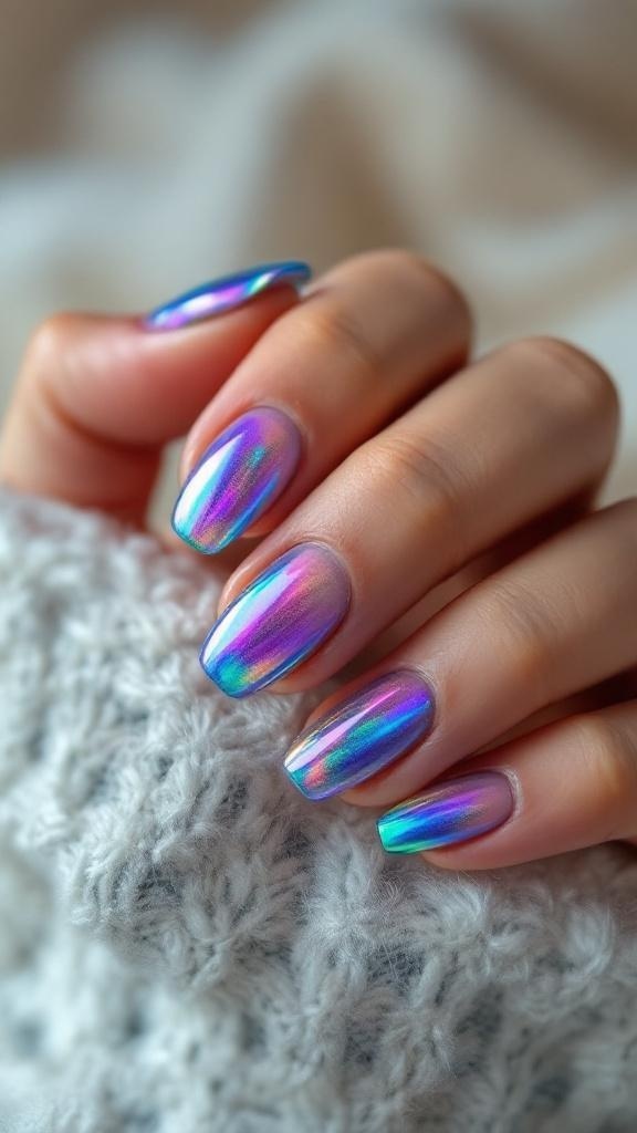 Close-up of hands with iridescent nails reflecting colors similar to the Aurora Borealis.