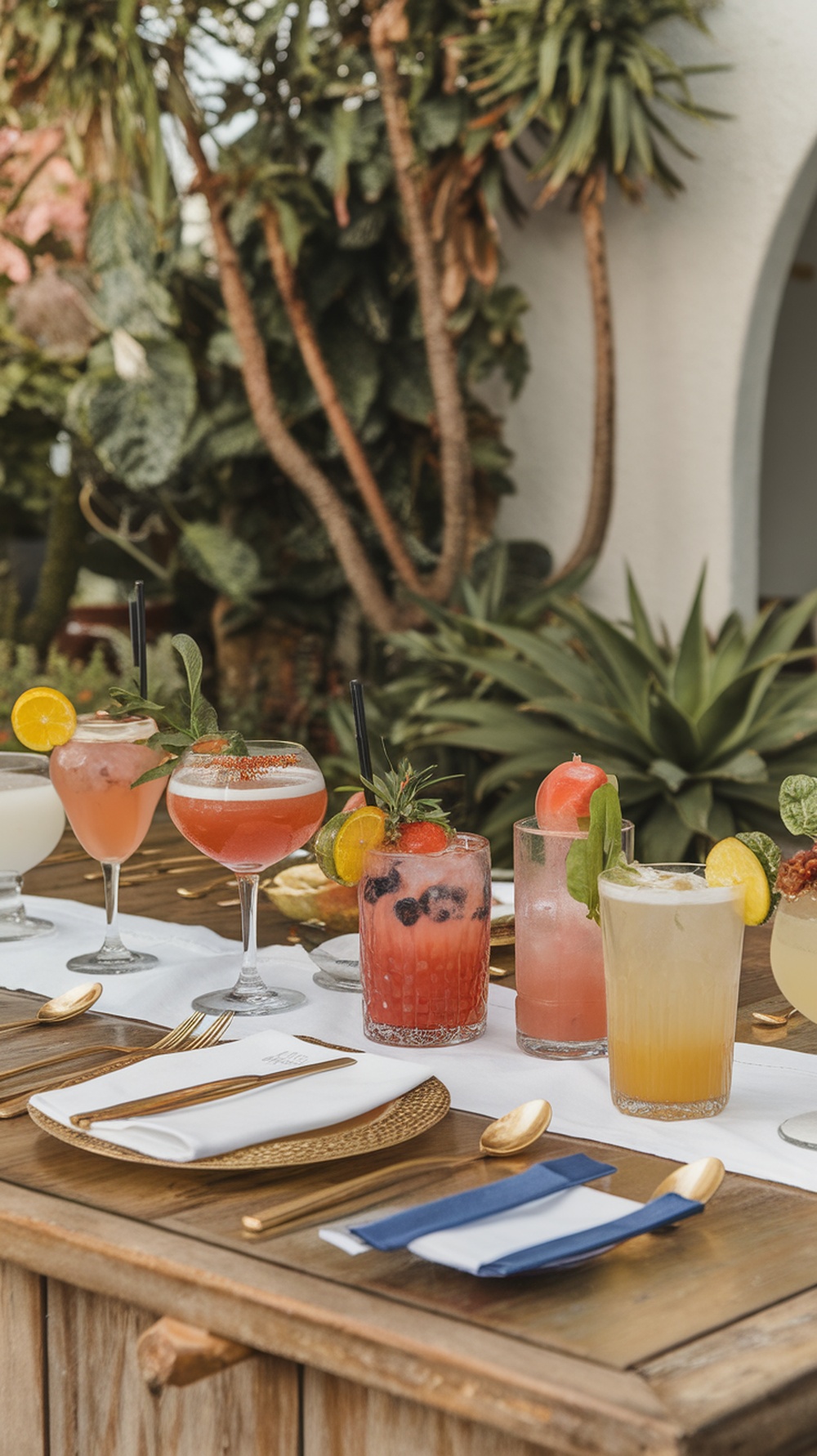 A variety of colorful cocktails displayed on a wooden table surrounded by greenery.