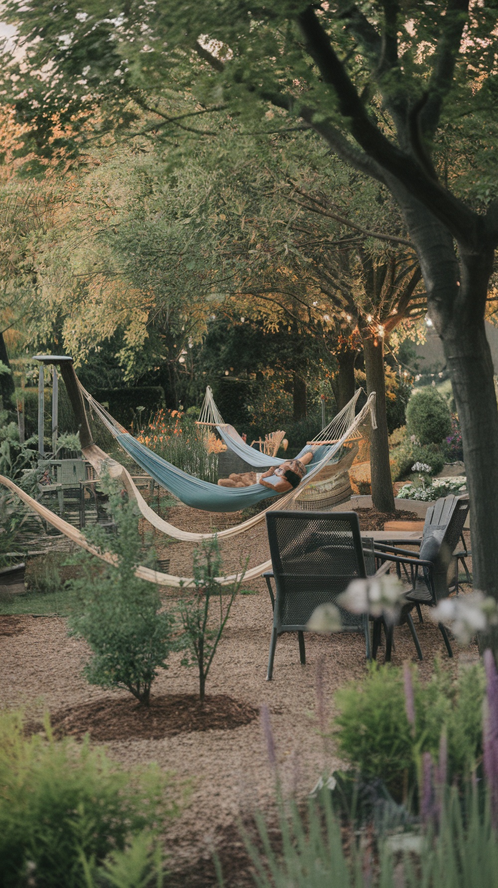A serene garden with hammocks strung between trees, inviting relaxation.