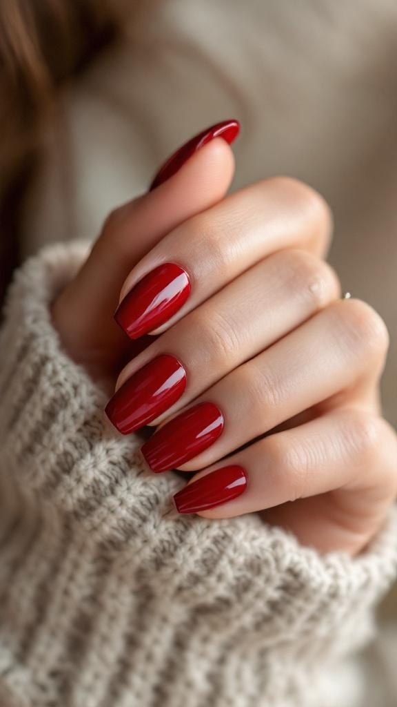A hand with cherry wine nails resting on a knitted sweater.