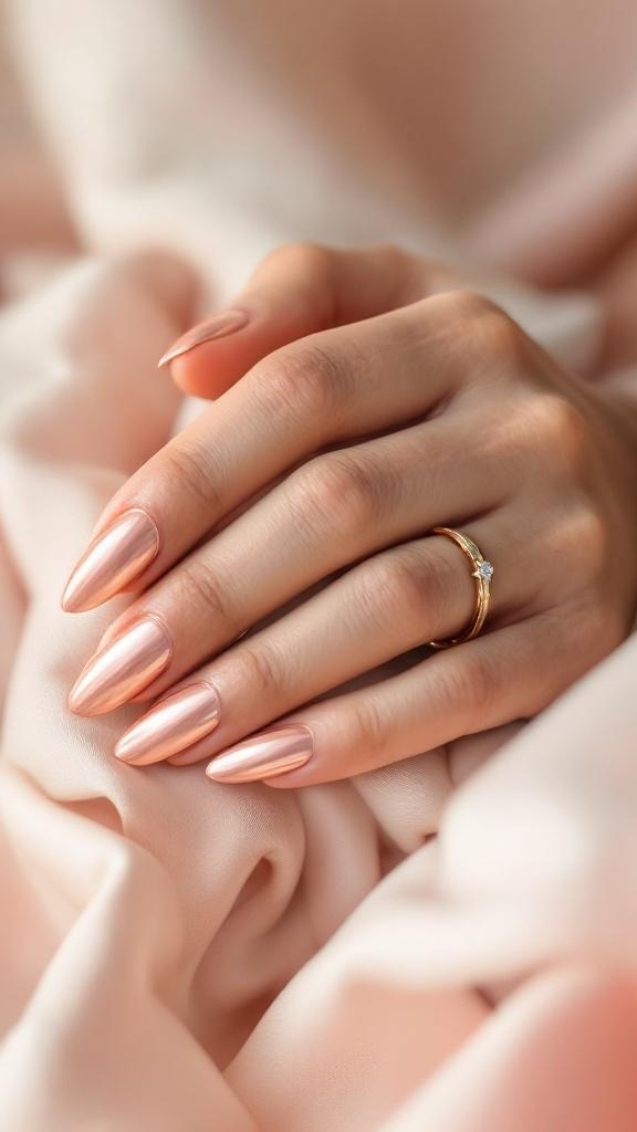 A hand with rose gold metallic nails resting on soft pink fabric, featuring a gold ring.