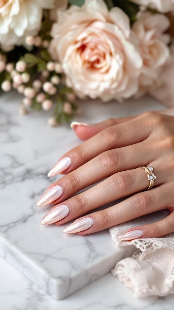 A close-up of a hand with rose gold metallic nails, adorned with a delicate ring, resting on a marble surface with flowers in the background.