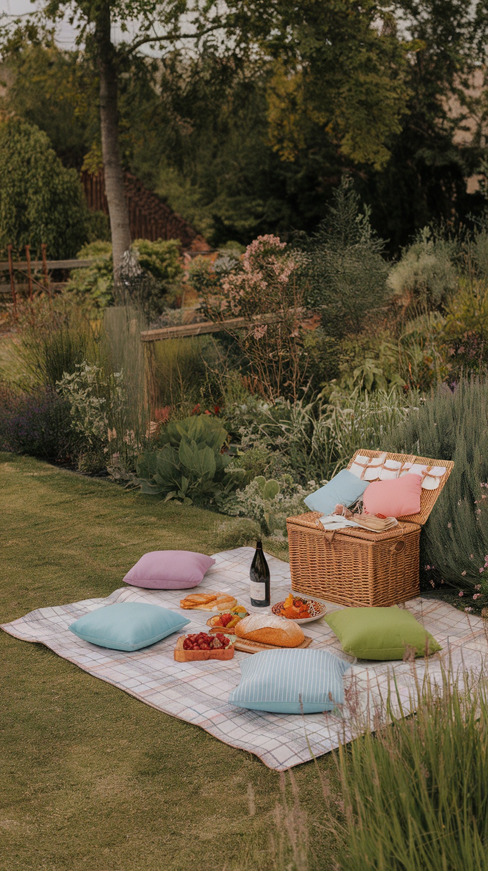A rustic picnic setup in a garden with cushions, a blanket, and a spread of food and drinks.