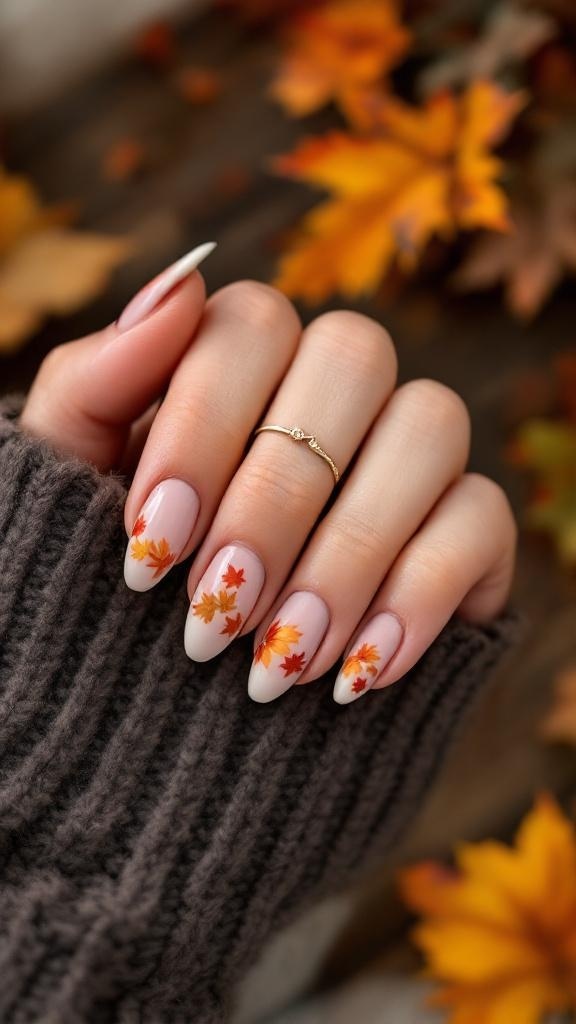 Almond nails with autumn leaf designs on a hand wearing a cozy sweater