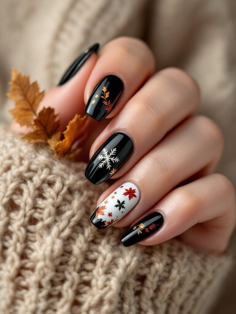 Black nail design with autumn leaves and a snowflake