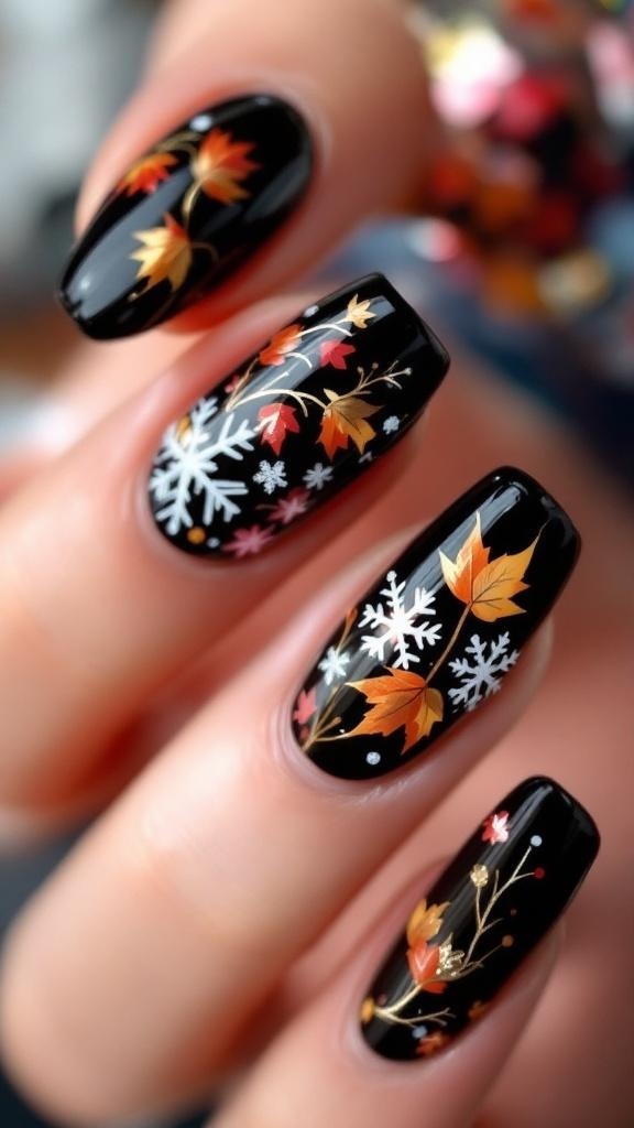 Black stiletto nails with autumn leaf designs