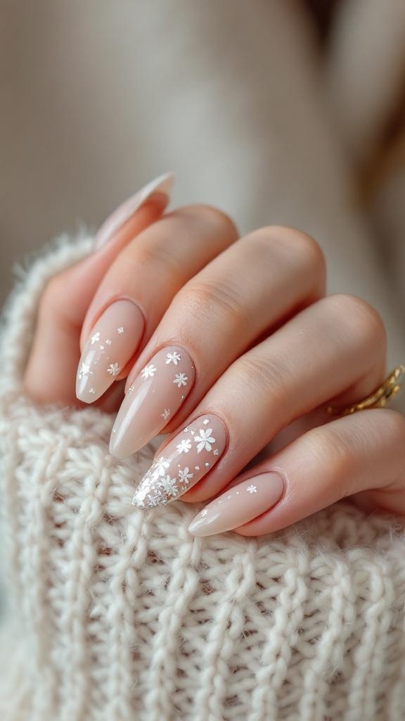 A close-up of elegantly manicured nails with floral designs on a soft nude background, resting on a cozy knitted fabric.
