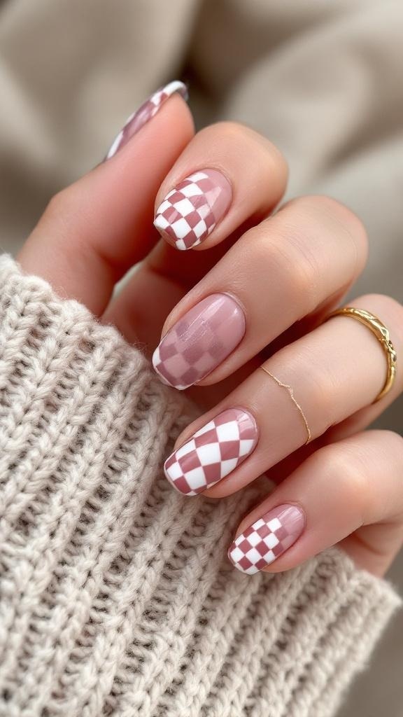 A hand with checkered nails in pink and white, resting on a knitted sweater.