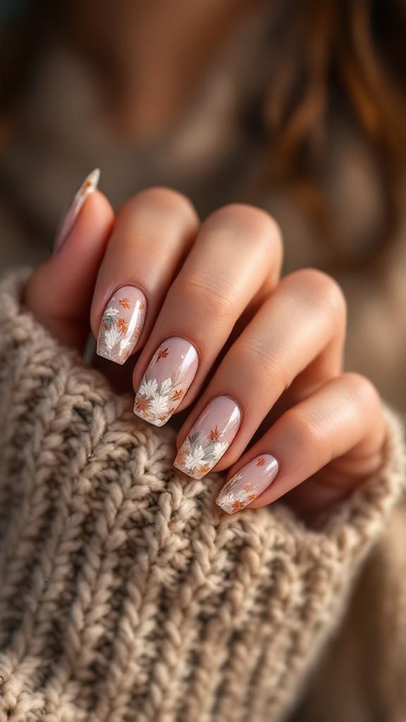 Close-up of hands with French chrome nails featuring floral designs, resting on a knitted sweater.
