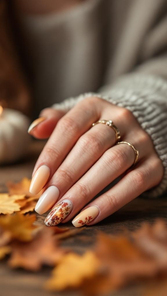 A close-up of a hand with short acrylic nails in autumn colors, featuring a floral design on one nail, surrounded by fall leaves.