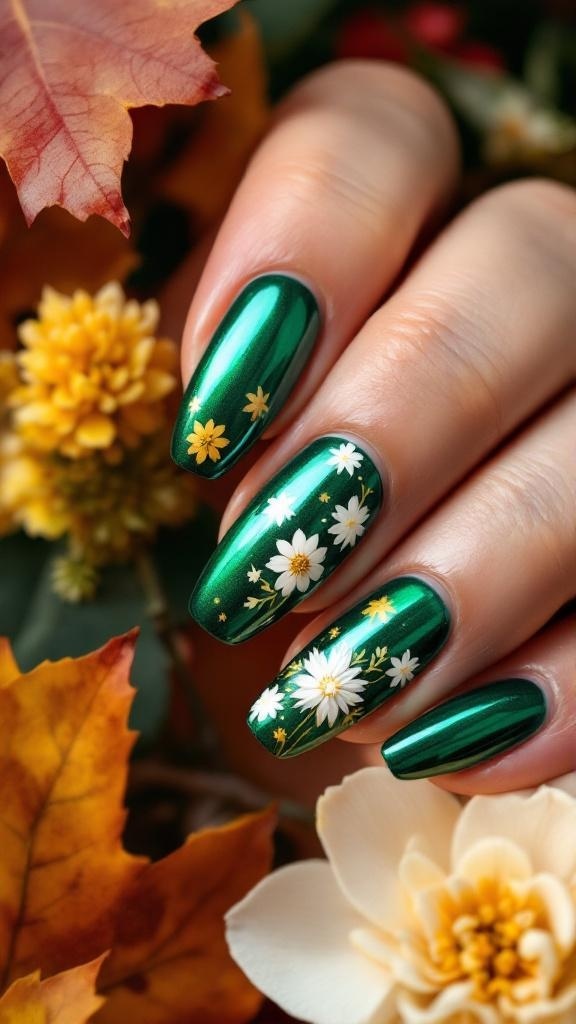 A hand with green chrome nails, featuring a white base and green leaf designs, resting on a soft sweater with autumn leaves.