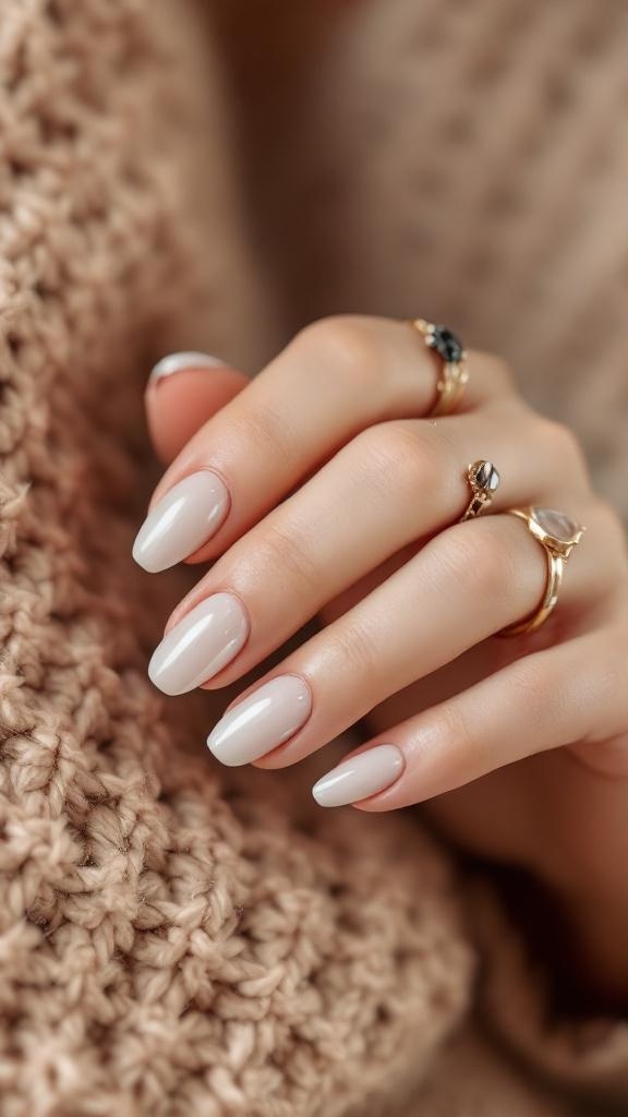 A close-up of a hand with neutral-colored almond-shaped nails, adorned with delicate rings, resting on a cozy knitted fabric.