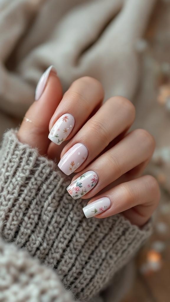 A hand with beautifully manicured nails featuring a pale pink base and floral designs in autumn colors.
