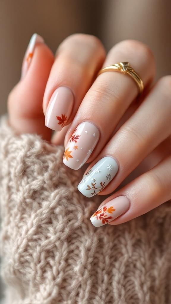 Nail art featuring autumn leaves and snowflakes on a cozy knitted background