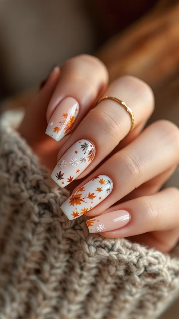Short nails with autumn leaf designs in warm colors