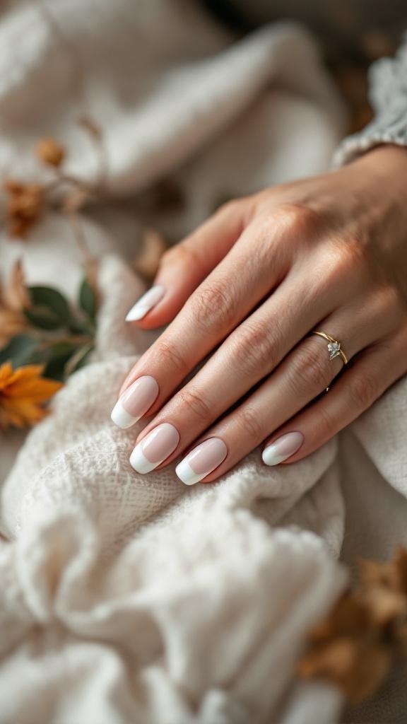 A close-up of a hand with bridal French nails, featuring a soft pink base and white tips, resting on a textured fabric with autumn leaves.