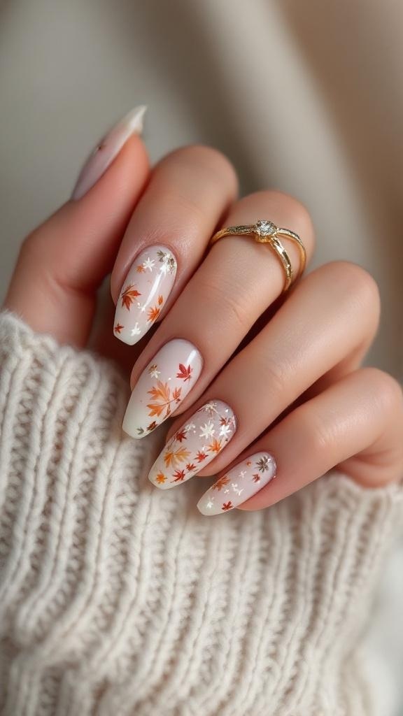 Nails with autumn leaves and flowers design