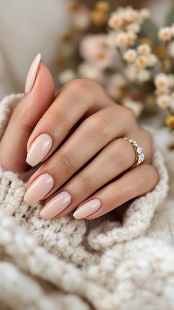 A close-up of a hand with shimmering champagne nails, adorned with a delicate ring, resting on a cozy knitted fabric with flowers in the background.