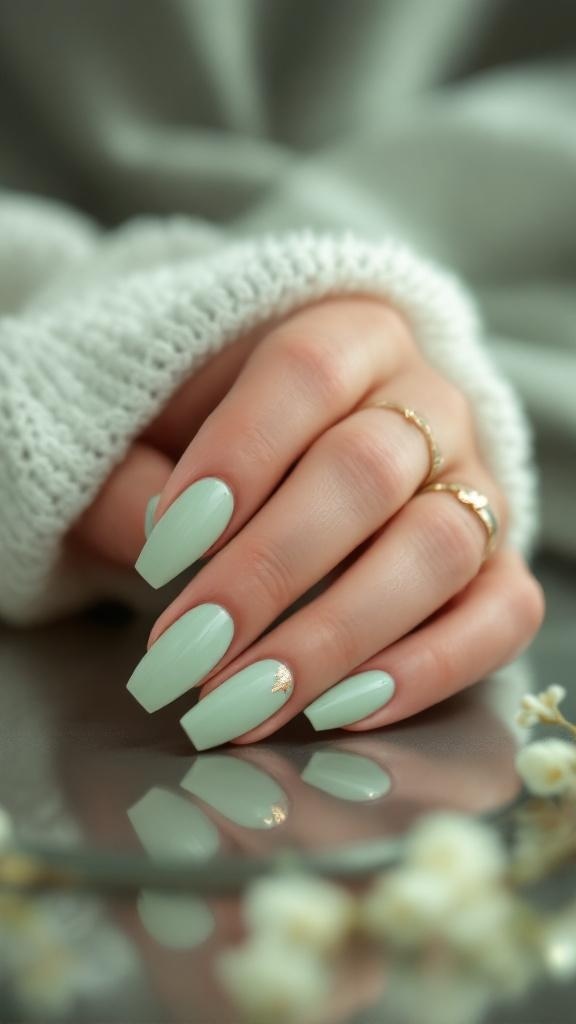 A hand with light green nails featuring shimmering gold foil accents, resting on a reflective surface with delicate flowers.