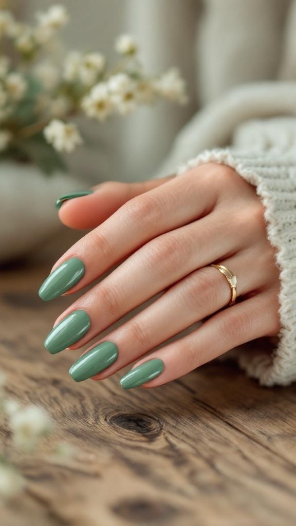 Close-up of hands with green chrome nails and a gold ring on a wooden surface
