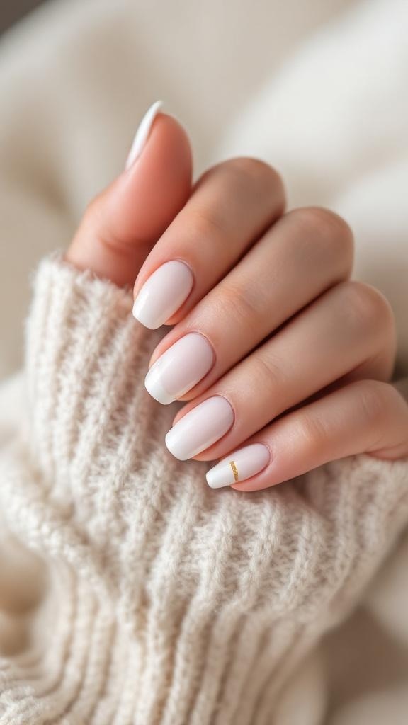 A hand with simple white nails featuring a gold accent, resting on a cozy sweater.