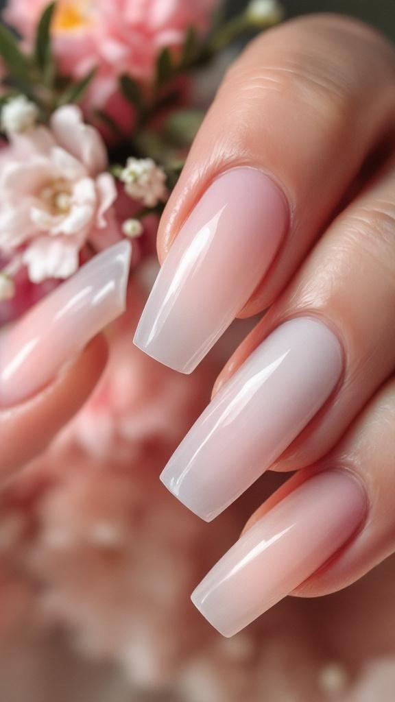A hand with soft blush ombre nails, wearing a cozy sweater, surrounded by flowers.