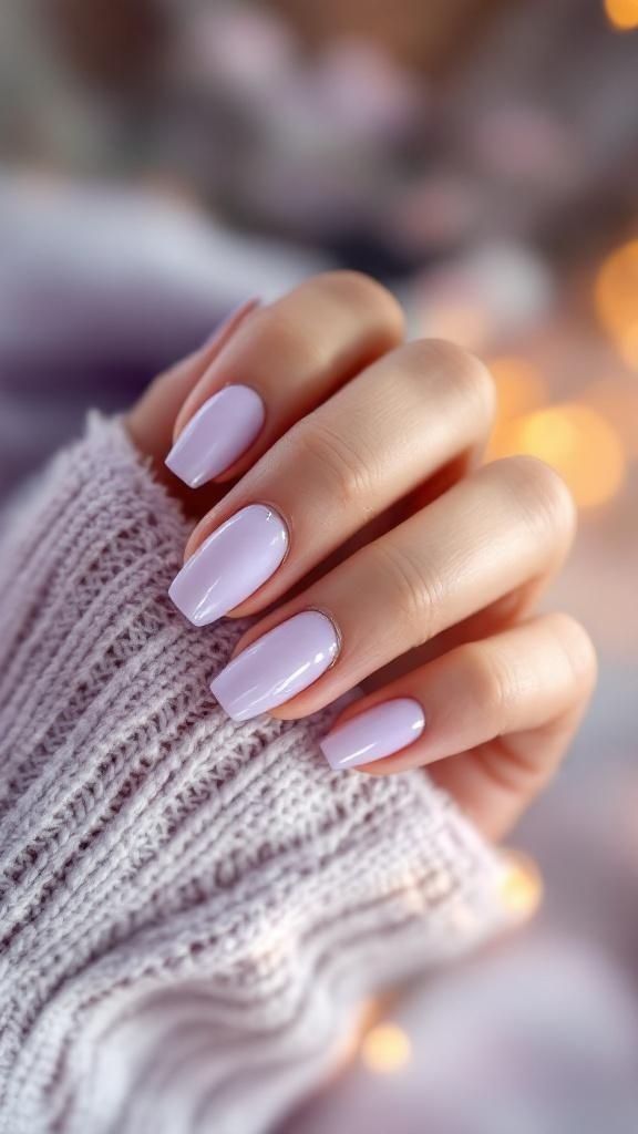 Soft lavender nails with a glossy finish, paired with a cozy light sweater.