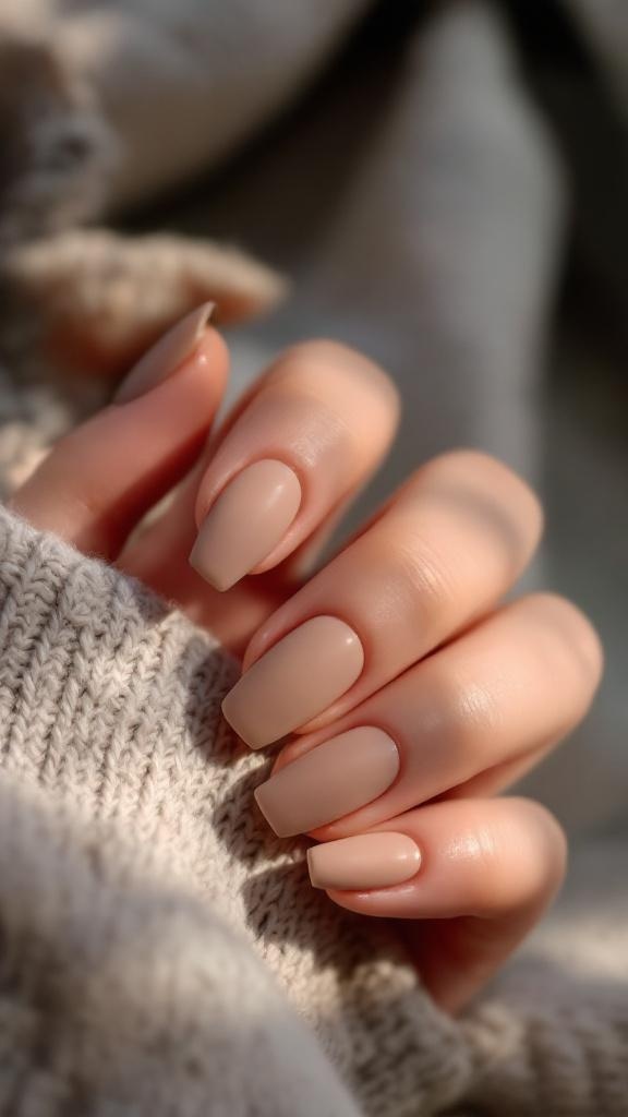 Close-up of a hand with soft matte nude nails and gold rings on a textured fabric background.