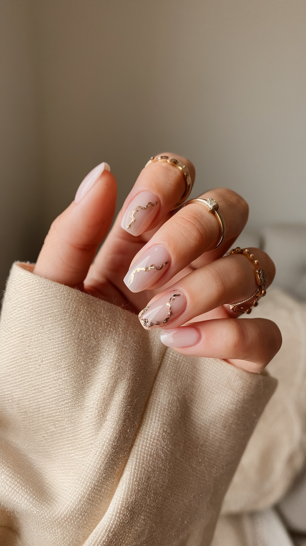 Close-up of hands with soft ombre milky pink nails and gold accents, wearing rings, against a soft background.
